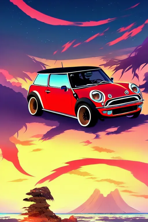 Image similar to anime art vehicle concept art, anime key visual of mini cooper s, at sunset at a beach, trending on pixiv fanbox, studio ghibli, extremely high quality artwork