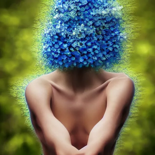 Prompt: epic realistic photo human body made of blue wild flowers