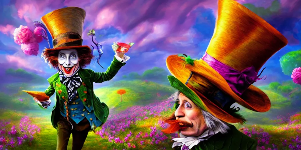 Image similar to The Mad Hatter landscape portrait, Alice in wonderland, colorful, wide angle, super highly detailed, professional digital painting, artstation, concept art, smooth, sharp focus, no blur, no dof, extreme illustration, Unreal Engine 5, Photorealism, HD quality, 8k resolution, cinema 4d, 3D, beautiful, cinematic, art by artgerm and greg rutkowski and alphonse mucha and loish and WLOP