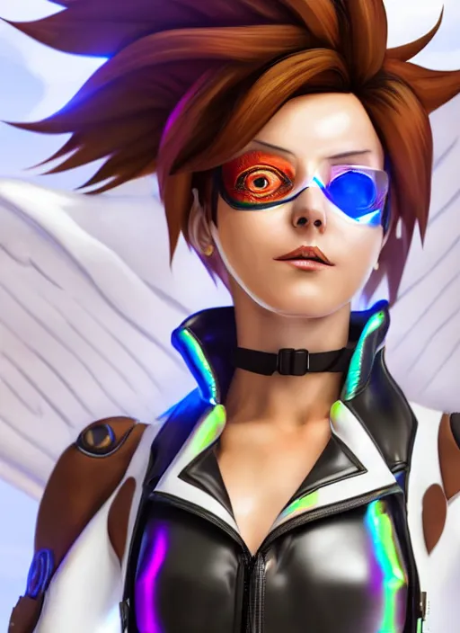 Image similar to portrait bust digital artwork of tracer overwatch, wearing white iridescent rainbow latex and leather straps catsuit outfit, 4 k, expressive happy smug expression, makeup, in style of mark arian, angel wings, wearing detailed black leather collar, chains, black leather harness, detailed face and eyes,