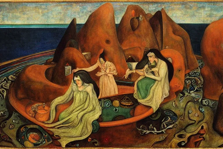 Image similar to the wake of the unseen object,by Leonora Carrington and William Dyce and ford madox brown, symbolist, dramatic lighting, elaborate geometric ornament, cool blue and green colors, Art Brut, smooth, sharp focus, extremely detailed