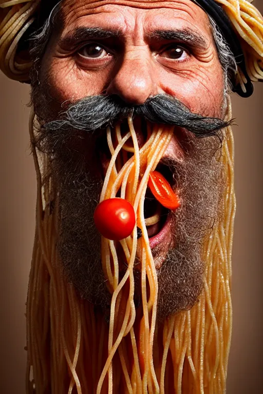 Image similar to extremely detailed portrait of old italian cook, spaghetti mustache, slurping spaghetti, spaghetti in the nostrils, spaghetti hair, spaghetti beard, huge surprised eyes, shocked expression, scarf made from spaghetti, full frame, award winning photo by jimmy nelson