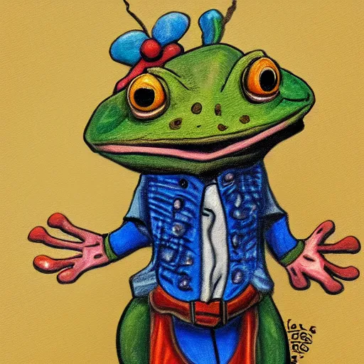 Image similar to a cartoon drawing of a frog wearing cristian clothes, portrait, oil paint, renaissance, 4 k