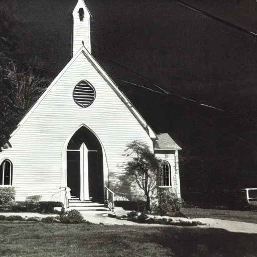 Prompt: A photograph of an old New England church, circa 1960