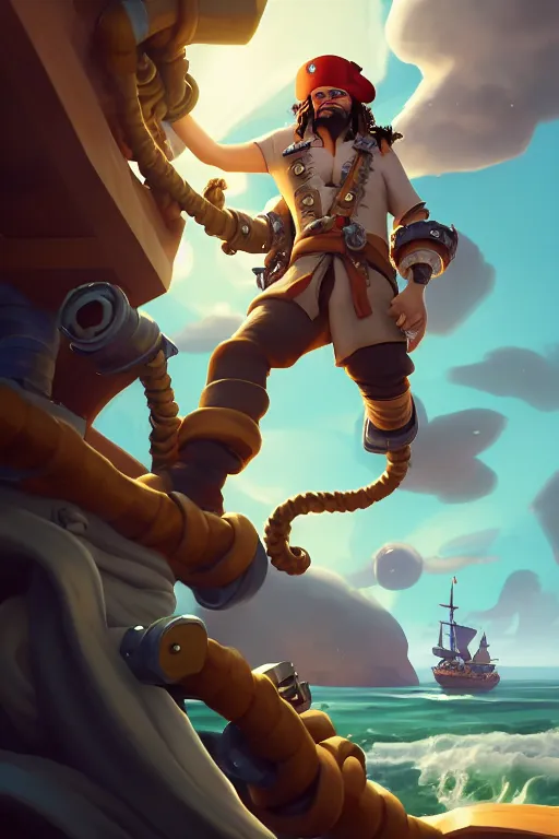 Image similar to and astronaut pirate man with long black hair on a pirate ship, d & d, sea of thieves, fantasy digital painting, trending on artstation, concept art, sharp focus, illustration, global illumination, ray tracing, realistic shaded, art by artgerm and greg rutkowski and fuji choko and viktoria gavrilenko and hoang lap