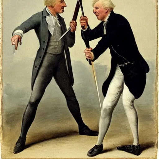 Image similar to Boris Johnson and Joe Biden in a duel, 1800s art