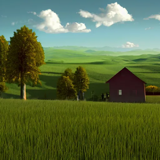 Image similar to windows xp backround with few houses and trees, award winning, trending on artstation, unreal engine