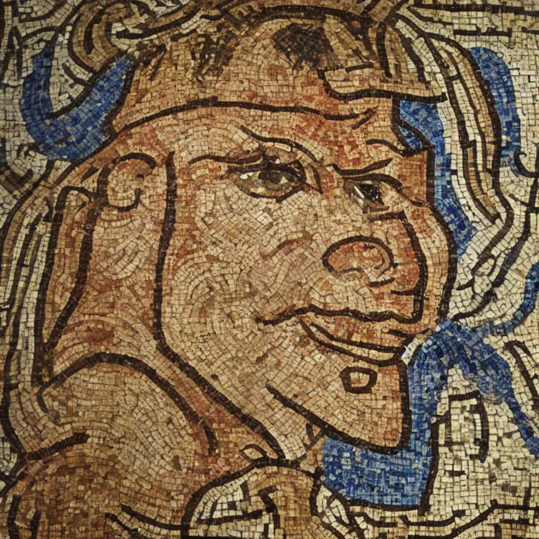 Prompt: a Roman mosaic of Shrek at the Siege of Carthage, museum photography