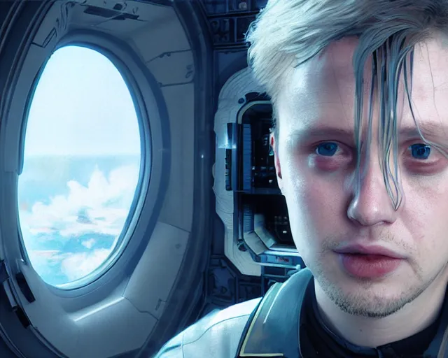 Image similar to highly detailed portrait of michael pitt as an android in a space shuttle, in detroit : become human, stephen bliss, unreal engine, fantasy art by greg rutkowski, loish, rhads, ferdinand knab, makoto shinkai and lois van baarle, ilya kuvshinov, rossdraws, tom bagshaw, global illumination, radiant light, detailed and intricate environment