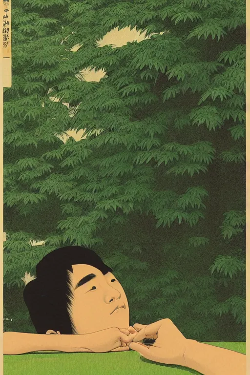 Image similar to a closeup portrait of a young japanese man taking mind altering drugs, a blotter paper of lsd acid and dreaming psychedelic hallucinations in the vast green landscapes of the amazon jungle, by kawase hasui, moebius, edward hopper, colorful flat surreal design, hd, 8 k, artstation