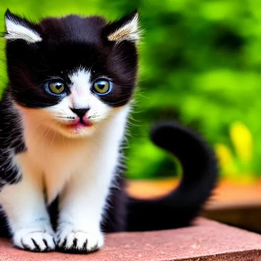 Image similar to cute kitten with panda body and cat face, in the garden in front of a house, highly detailed, sharp focus, photo taken by nikon, 4 k