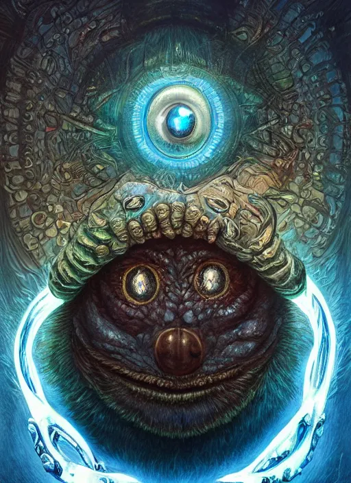 Image similar to cookie monster glowing eyes, shamanic poster lsd art, intricate, elegant, highly detailed, centered, digital painting, artstation, concept art, smooth, sharp focus, illustration, artgerm, tomasz alen kopera, peter mohrbacher, donato giancola, joseph christian leyendecker, wlop, frank frazetta