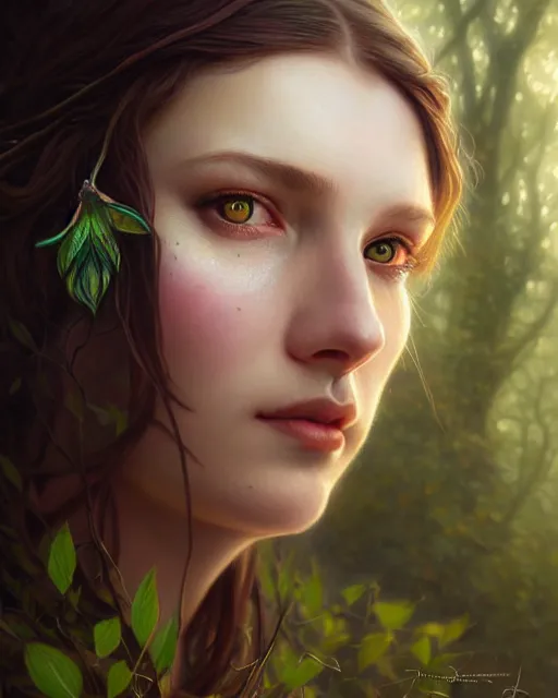 Image similar to beautiful female druid, portrait, fantasy, young, correct eyes proportion, hyperealistic eyes, detailed, intricate, leaves and simple cloth, global lighting, digital art, digital painting, oil art, artstation, wlop, illustration, art by artgerm and greg rutkowski and alphonse mucha, 8 k