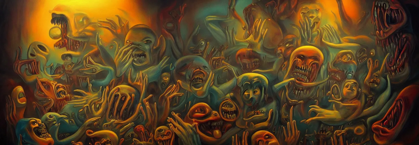 Image similar to visceral freaky obsessive monsters from the darkest depths of collective unconscious, dramatic glowing lighting, 1 9 3 0 s fleischer cartoon characters, wild emotional expressions - surreal painting by ronny khalil