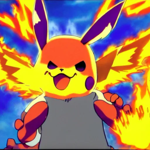 Prompt: an anime image in the style of pokemon, lightly sketched in pencil. a large, angry - looking pikachu with spiky orange ears comes charging at the viewer from a background sea of flames.