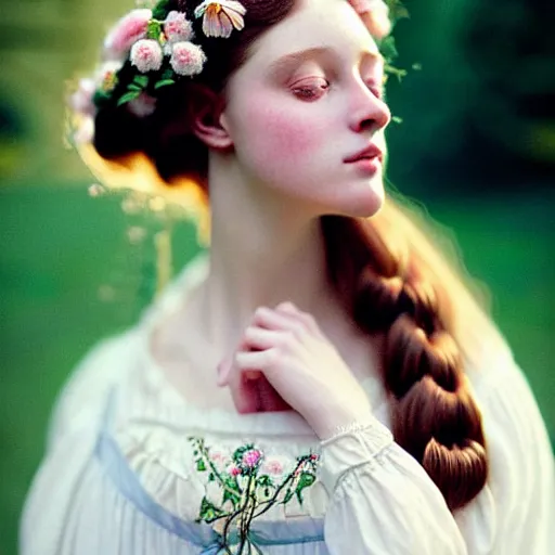 Image similar to Kodak Portra 400, 8K, soft light, volumetric lighting, highly detailed, britt marling style 3/4 ,portrait photo of a beautiful woman how pre-Raphaelites painter, a beautiful lace dress and detailed flowers adorning her hair, white pearls on her beautiful face, Realistic, Refined, Highly Detailed, natural outdoor soft pastel lighting colors scheme, outdoor fine art photography, Hyper realistic, photo realistic