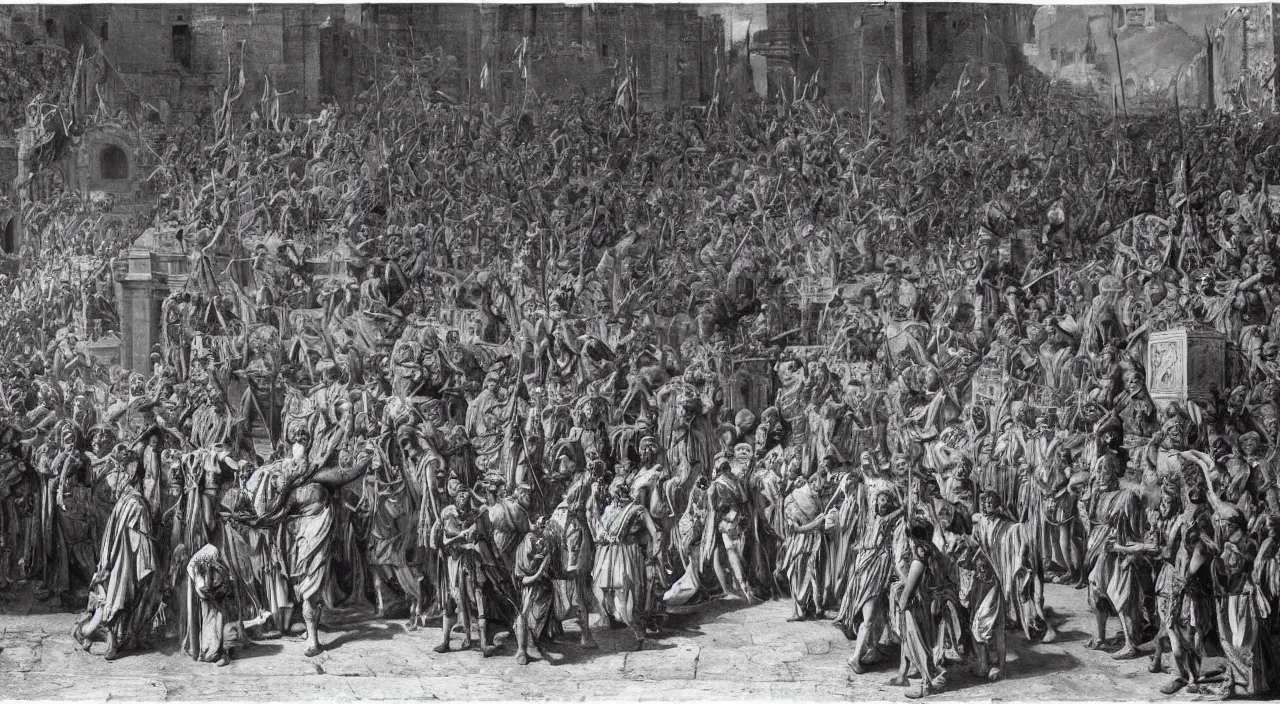 Prompt: Julius Caesar speech to a perfect organized militar parade in front of the Roma’s colliseum at the kingdom of Julius Caesar, roman historic works in brand new condition, not ruins, hyper-detailed, artstation trending, world renowned artists, historic artworks society, antique renewel, good contrast, realistic color ,cgsociety, by greg rutkowski,gustave dore, Deviantart