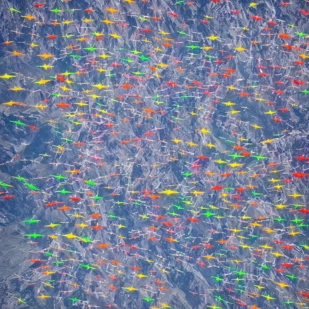 Image similar to sky parade of colorful alien spacecrafts flying over swirling dolomites, birds eye view