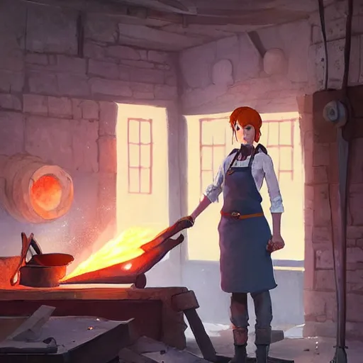 Prompt: “a full body portrait of the short and fiery blacksmith Moira at her forge, blacksmith's outfit, inside building, makoto shinkai, james gilleard, very detailed, matte, gaussian blur, tone mapped, Akihiko Yoshida”