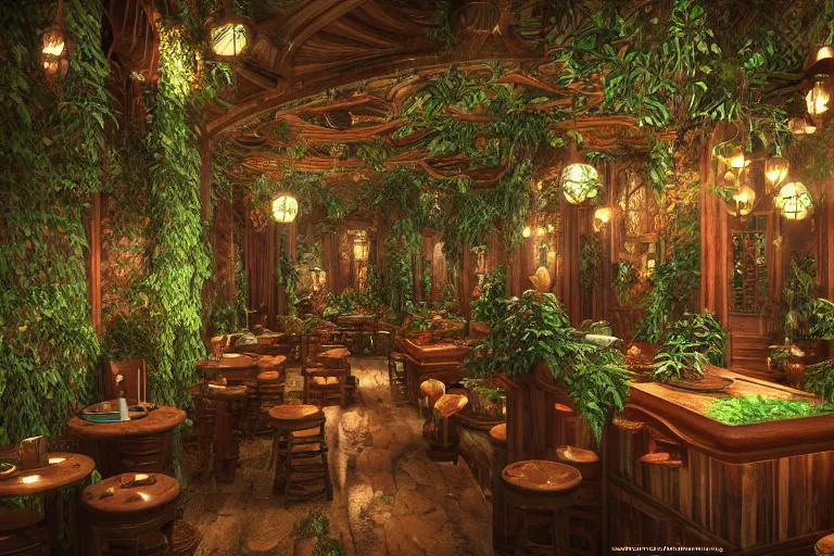 Prompt: inside an elvish art nouveau lush tavern found in italy with potted plants, artgerm, yoshitaka amano, baroque interior, 8 k, octane render, unreal engine