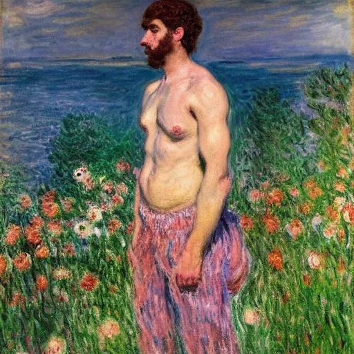 Prompt: midsommar god of beauty men by claude monet