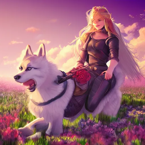 Prompt: girl riding a giant husky in a field of flowers, trending on artstation