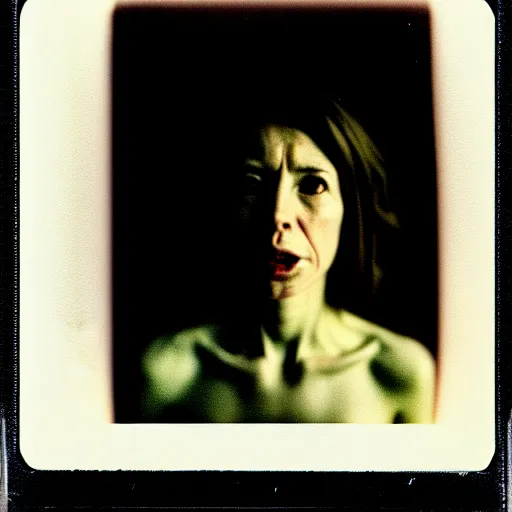 Prompt: portrait of woman. photo, surreal, harsh lighting. polaroid type 6 0 0. fear. unnerving. supernatural. horror.