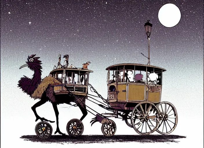 Prompt: a cell shaded cartoon of a stagecoach being pulled by two emu's from howl's moving castle ( 2 0 0 4 ), on a desert road, lamp posts, in front of a pale full moon, full body, wide shot, very dull muted colors, studio ghibli, laurie greasley, highly detailed, deviantart, art by artgem