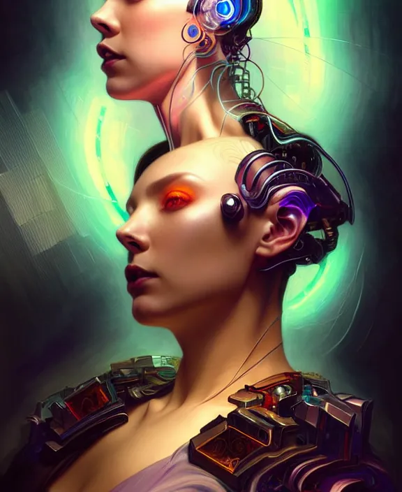 Image similar to a whirlwind of souls rushing inside the metaverse, hologram, half body, neurochip, shaved temple, piercing, jewelry, android, cyborg, cyberpunk face, by loish, d & d, fantasy, intricate, elegant, highly detailed, colorful, digital painting, artstation, concept art, art by artgerm and greg rutkowski and alphonse mucha