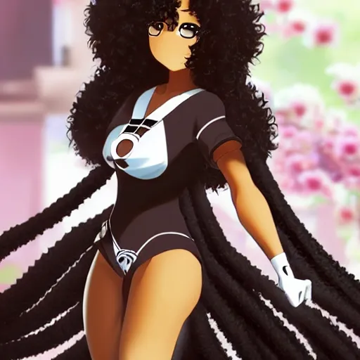 Image similar to A brown skinned woman with black curly hair as an anime character, highly detailed, cg society