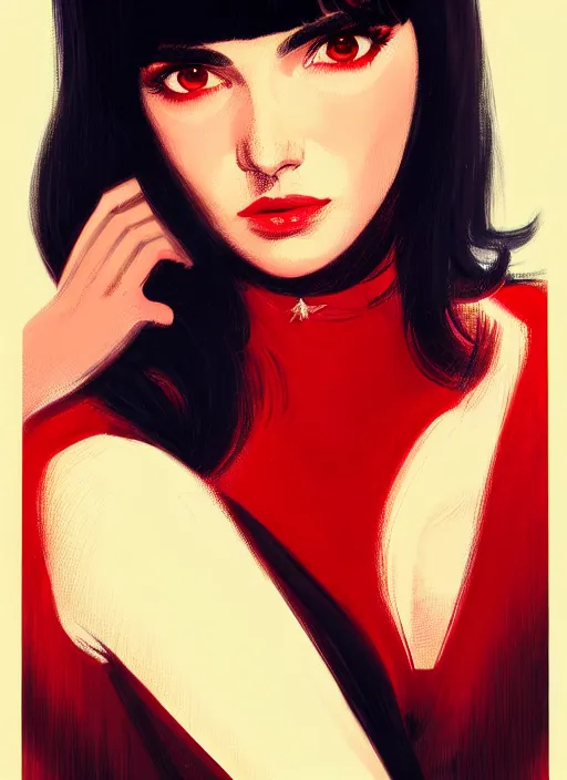 Image similar to portrait of veronica lodge with bangs, 1 9 6 0 s, long hair, red clothes, bangs, intricate, elegant, glowing lights, highly detailed, digital painting, artstation, concept art, smooth, sharp focus, illustration, art by wlop, mars ravelo and greg rutkowski