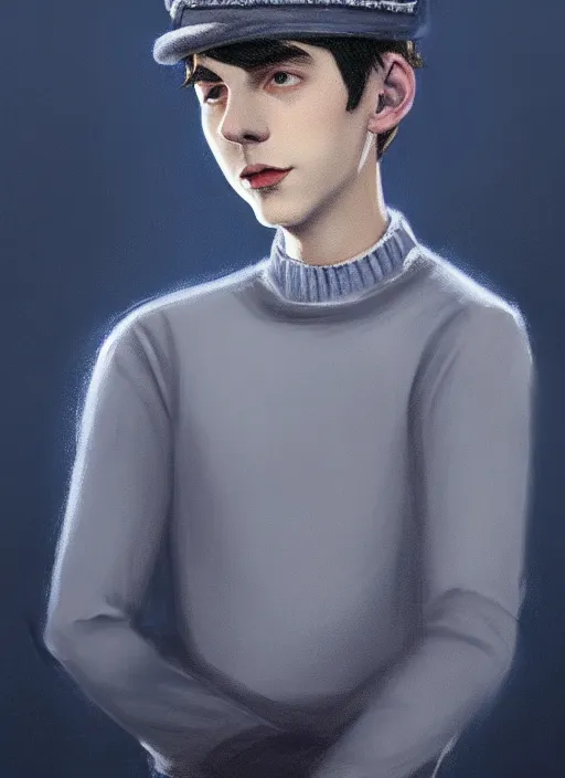 Image similar to portrait of teenage jughead jones wearing a light grey crown, crown, blue turtleneck, 1 9 5 0 s, closed eyes, photorealistic, black hair, glowing lighting, intricate, elegant, glowing lights, highly detailed, digital painting, artstation, concept art, smooth, sharp focus, illustration, art by wlop, mars ravelo and greg rutkowski