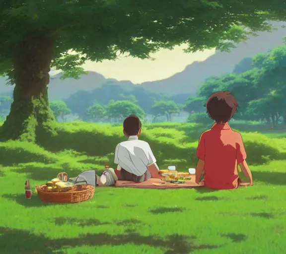 Image similar to a wholesome animation key shot of a boy and a girl sitting together under a tree, having a picnic, boy and girl!!, studio Ghibli, Pixar and Disney animation, sharp, very detailed, high resolution, by Raphael LaCoste and Ruan Jia and Robert McCall, postcyberpunk, geodesic, hyperdetailed, sunrise, wide shot, autochrome, octane render, inspired by Hayao Miyazaki, anime key art by Greg Rutkowski, Bloom, dramatic lighting