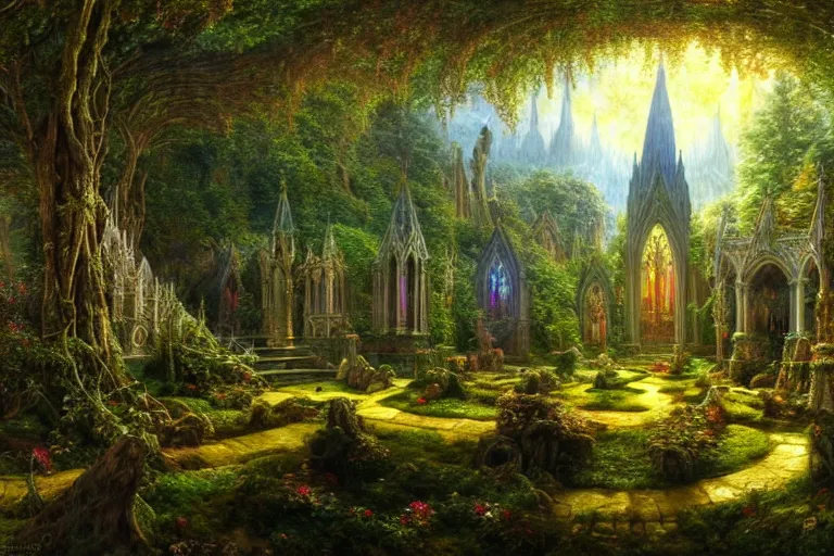 Image similar to a beautiful and highly detailed fantasy landscape painting of an elven cathedral in a beautiful garden in a mystical forest, psychedelic, intricate details, epic scale, insanely complex, 8 k, sharp focus, hyperrealism, artstation, cgsociety, by caspar friedrich, albert bierstadt, james gurney, brian froud,