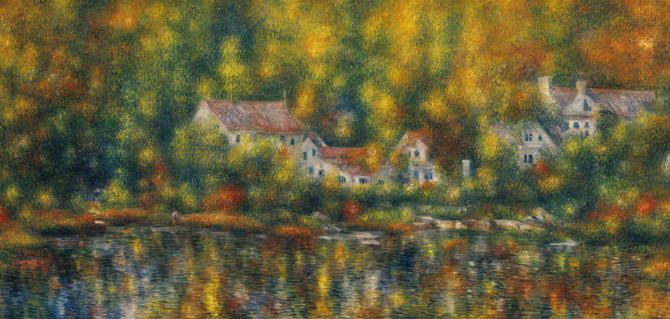 Image similar to a painting of sparse stone cottages underneath a dense forest, with a cascading river and pristine reflect. gorgeous, elegant, sophisticated, an ultrafine painting, intricate brused strokes, bright depth oil colors, by renoir and araken alcantara, mist diffuse promiseful illumination, autumn sunrise warm light, detailed and intricate environment of hopeful bodyscapes