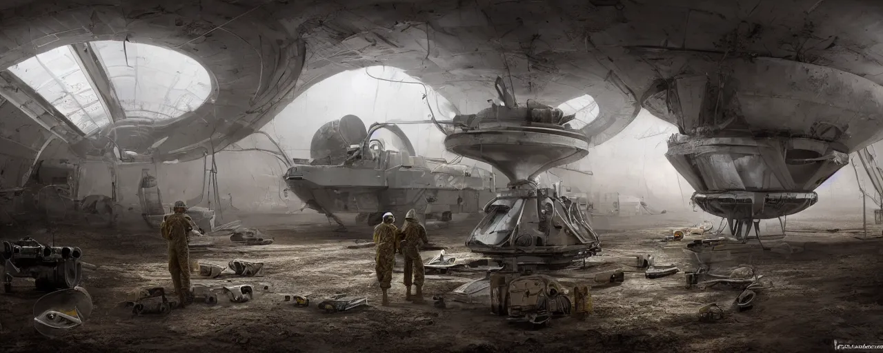 Image similar to engineer repairs special flying saucer full of modern military equipment, in the hall of area 55, high detail, ground fog, wet reflective ground, saturated colors, by Darek Zabrocki, render Unreal Engine-H 800