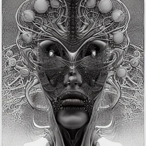 Image similar to a creature from a parallel universe by alexander mcqueen, zdzisław beksinski and alphonse mucha. highly detailed, hyper - real, very beautiful, intricate fractal details, very complex, opulent, epic, mysterious, trending on deviantart and artstation, award - winning design, future art