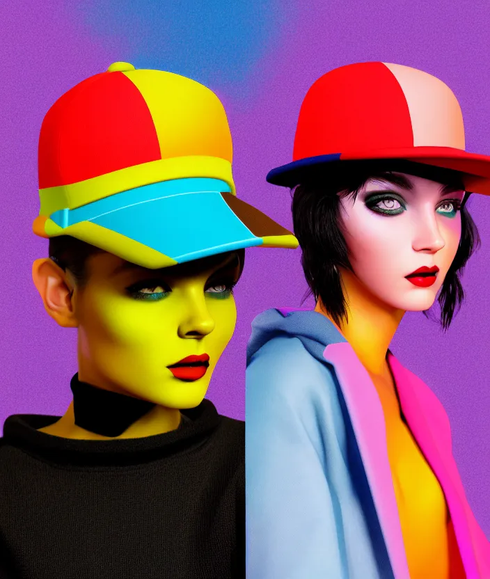 Prompt: full portrait of a post modern fashion model with an exuberant neo bio hat, colorful, beautiful american face, octane render, vray, detailed, halftoned, editorial illustration, matte print, grainy light, ( ( dither ) ), risograph, high contrast, screen print, grainy texture
