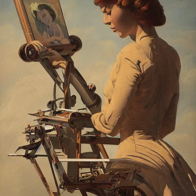 Image similar to robot artist painting a self - portrait on a canvas. intricate, highly detailed, digital matte painting, in the style of alexandros pyromallis, and in the style of boris groh, and in the style of hans thoma, and in the style of gil elvgren. irony, recursion, inspiration.