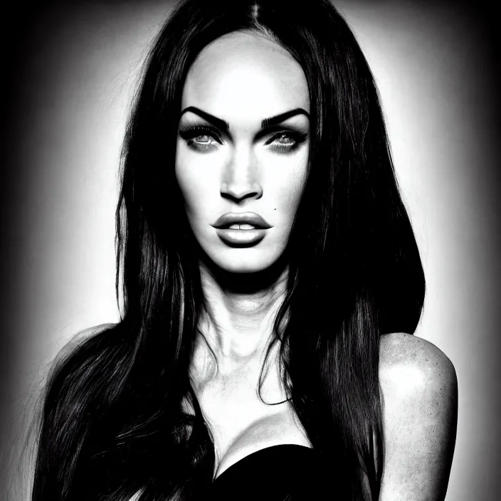 Image similar to photography face portrait of a beautiful woman like megan fox, black and white photography portrait, skin grain detail, high fashion, studio lighting film noir style photography, by richard avedon, and paolo roversi, nick knight, hellmut newton, nobuyo araki, on a tropical wallpaper exotic patern background