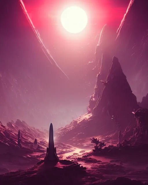 Prompt: alien temple, beautiful landscape, nier automata, protoss!!, machine planet, glass obelisks!!, glow, mothership in the sky, pink sun, tropical forest, colorful light, advanced technology, cinematic lighting, warframe, epic scale, highly detailed, masterpiece, art by bastien grivet and darwin cellis and jan urschel