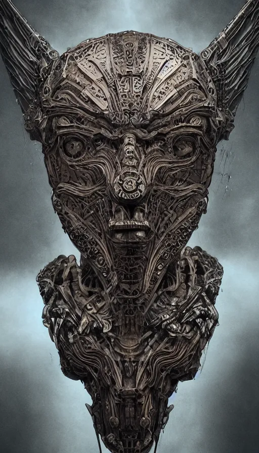 Image similar to ancient biomechanical hybrid slavic thunder god armored head fantasy human angel face mask tattoo pattern concept, glagolitic glyph, intricate artwork by, Johnatan Wayshak, Zdizslaw Beksinski, Artgerm, H.R. Giger, very coherent artwork, cinematic, hyper realism, high detail, octane render, unreal engine, 8k, High contrast, higly detailed black ink outline, crosshatch sketch gradient