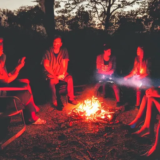 Image similar to 6 people sitting around a fire, singing. red neon lights tables nearby