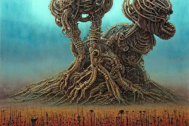 Prompt: a surreal and awe - inspiring science fiction landscape, alien plants and animals, intricate, elegant, highly detailed watercolor painting by beksinski and simon stalenhag