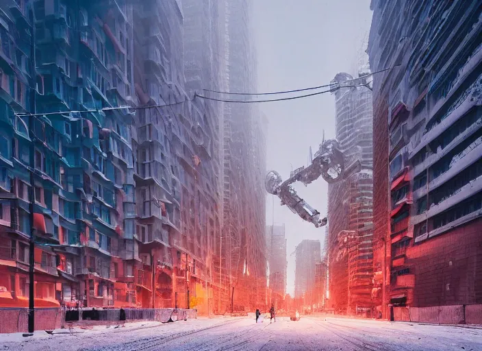 Image similar to a city street covered with snow, winter, dusk, futuristic city, robots populate the street, futuristic cars, extremely detailed, sharp focus, rule of thirds, award winning photography. photo by victor enrich, liam wong.