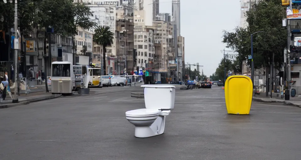 Prompt: a Toilet Running down the street