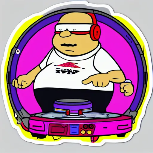 Image similar to svg sticker of a Family-Guy Peter-Griffin at a rave, spinning records, giant headphones rocking out, wearing headphones, huge speakers, dancing, rave, DJ, spinning records, digital art, amazing composition, rule-of-thirds, award-winning, trending on artstation, featured on deviantart