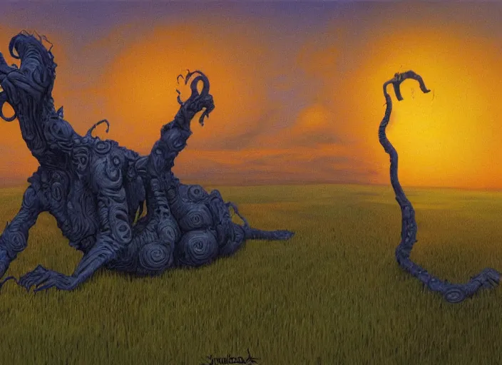 Image similar to surrealist impressionist painting of eldritch garfield at dusk, in the style of michael whelan and james gurney and wayne barlowe