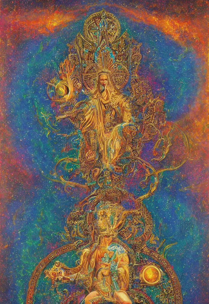 Image similar to holy throne of the gnostic lunar god, award winning oil painting, iridescent color palette