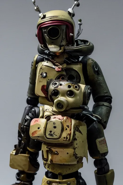 Prompt: a closeup shot of a beautiful art toy figurine by ashley wood and world of aaa, rusty robot soldier with a black bomber jacket, threea toys, dark background, dramatic studio light